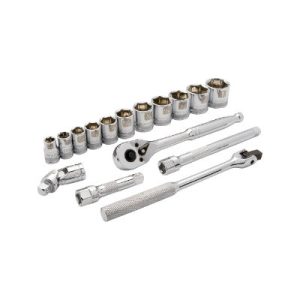 Dynamic D010008 3/8 Inch Drive 16 Piece 6 Point Chrome Socket & Attachment Set SAE Standard Length 3/8-1"